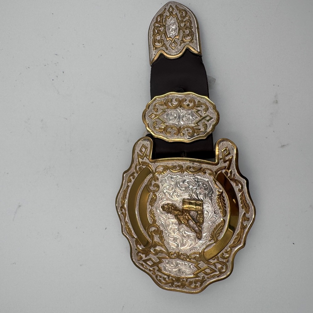 Crumrine Western Barrel Racer Belt Buckle Set Silver Gold Plate‎ Filigree USA